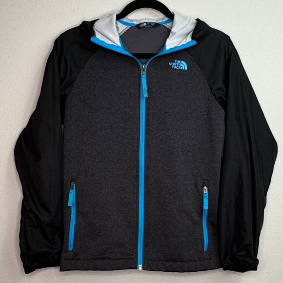 The North Face Kids Large Windbreaker Full Zip Jacket Hoodie Black & Blue Accent - Picture 1 of 3